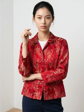 Chicos Design Silk Brocade Jacket Size 2 Red Metallic Floral Button Front